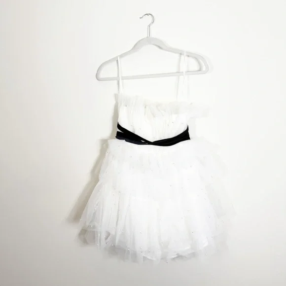 NWT Anthropologie Maeve Tiered Strapless Tulle Pearl Belted Mini Dress White 8